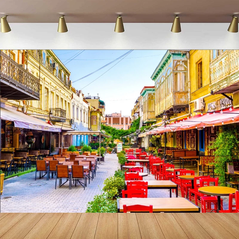 French Restaurant Photography Backdrop European City Street Bistro Outdoor Dining Table Background Bar Streetscape Travel Poster