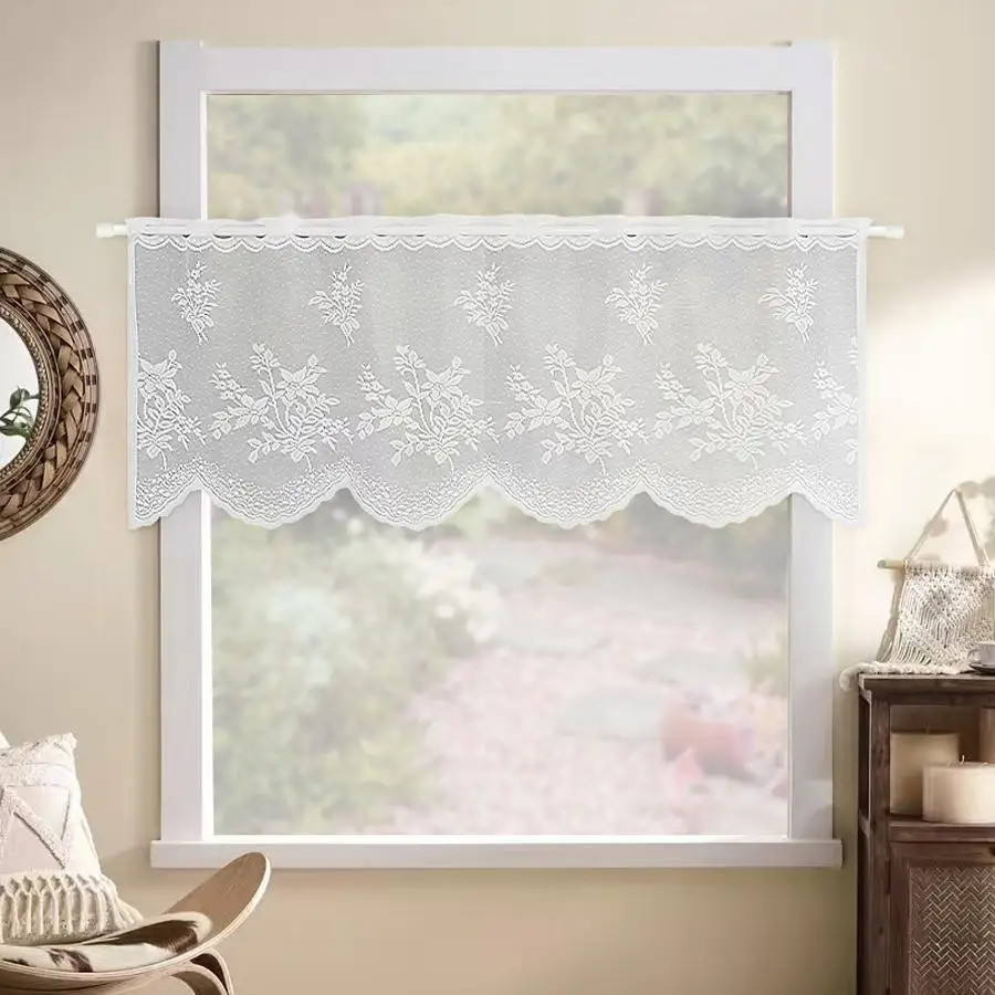 French Country Lace Floral Semi-Transparent Coffee Short Curtains Wavy Edge Rod Bag Style Window Treatments Atmosphere Enhancing