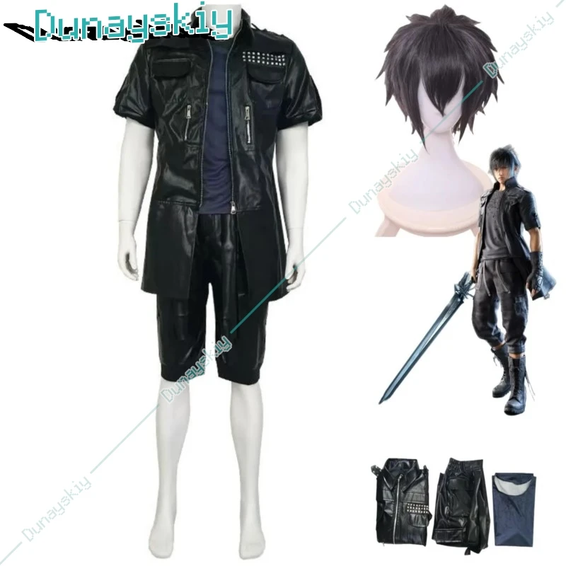 Anime Game Final Fantasy XV Noctis Lucis Caelum Cosplay Costume Wig Black PU Coat Uniform Full Set Man Halloween Christmas Suit