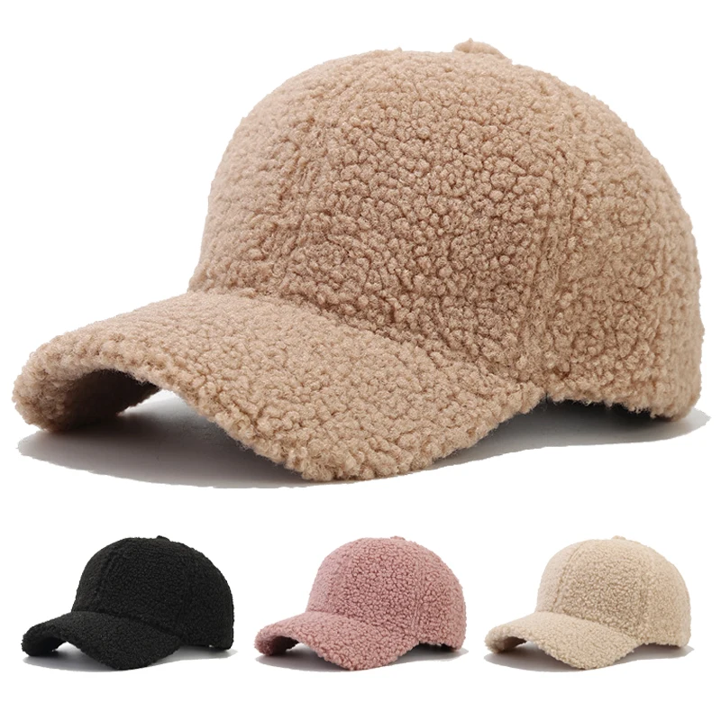 Lamb Wool Baseball Caps for Women Men Winter Warm Thick Peaked Hat Korean Curved Brim Visors Outdoor Sports Solid Color Golf Cap