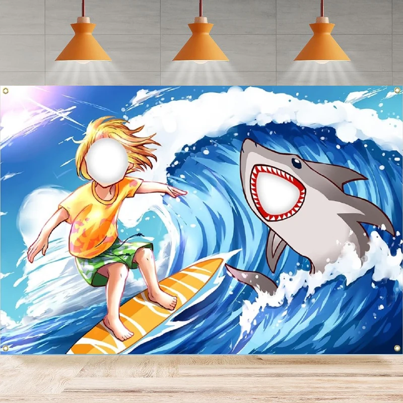 Photography Backdrop Surfer Shark Face Cutout Photo Props Huge Sea Waves Banner For Kids Birthday Party Decor Background Wall