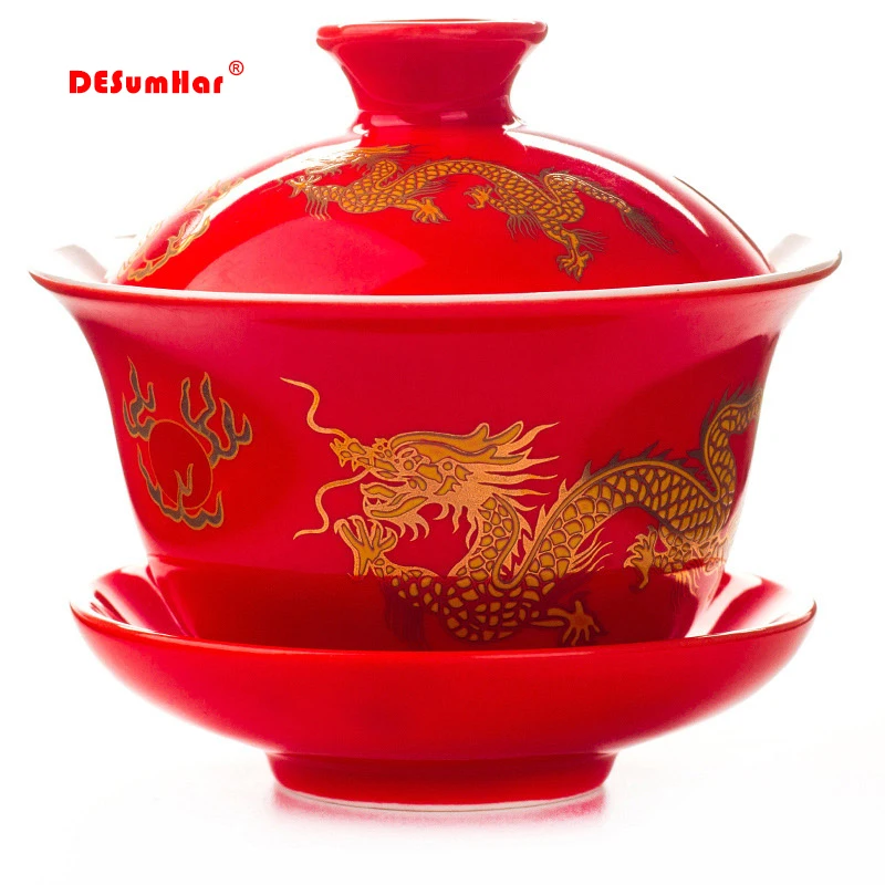 Hand Painted Red Dragon Gaiwan Kung Fu Tea Bowl Soup With Lid Porcelain Gaiwan Purple Clay Jingdezhen Tea Cup Ceramic Tureen Bar