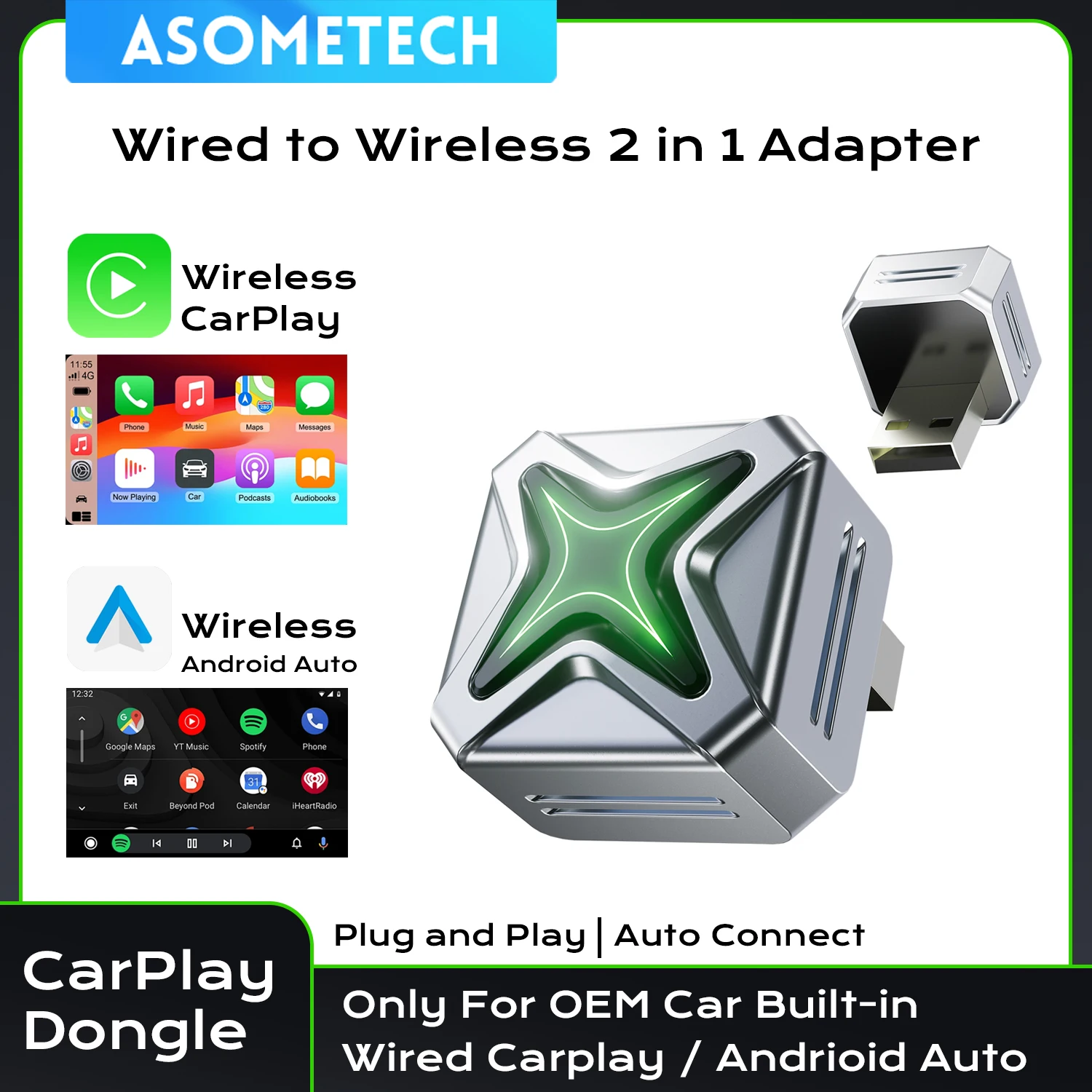 2-in-1 Kabelloser CarPlay-Adapter, Kabelgebundener zu Kabelloser CarPlay-Adapter, Hochwertiges Auto-Zubehör Smart Box 5GHz WLAN Typ-C/USB-A