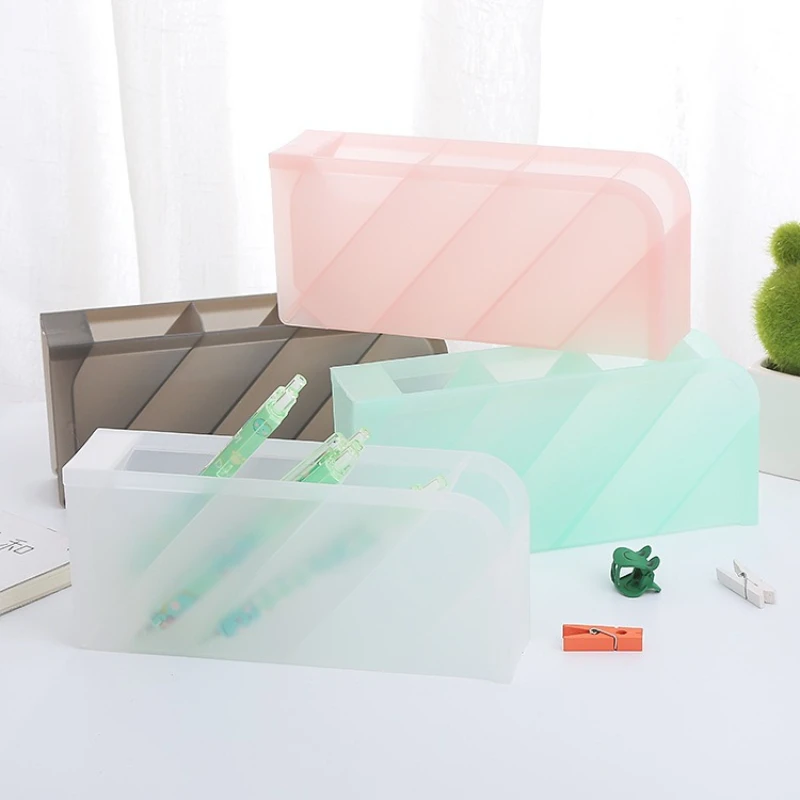 Oblique Pen Holder Plastic Transparent Frosted Multi-grid Pen Holder Creative Student Pen Box Desktop Makeup Brush Storage Box