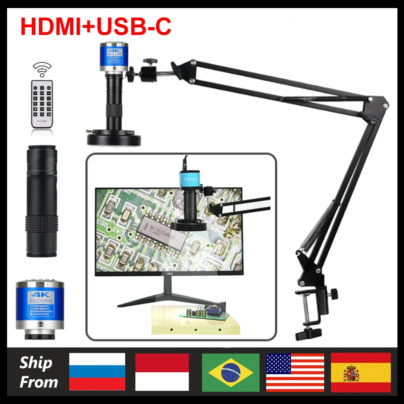 Microscopio Digital electrónico 4K para soldadura, juego de microscopio 1080P HDMI VGA USB, cámara Industrial, lente 150x, soporte plegable remoto