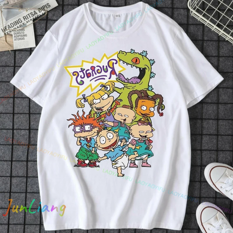 Rugrats قوس قزح دائرة مجموعة النار ريترو موضة القطن تيز قصيرة الأكمام تي شيرت Crewneck القمم هدية عيد ميلاد الرجال تي شيرت Y2k