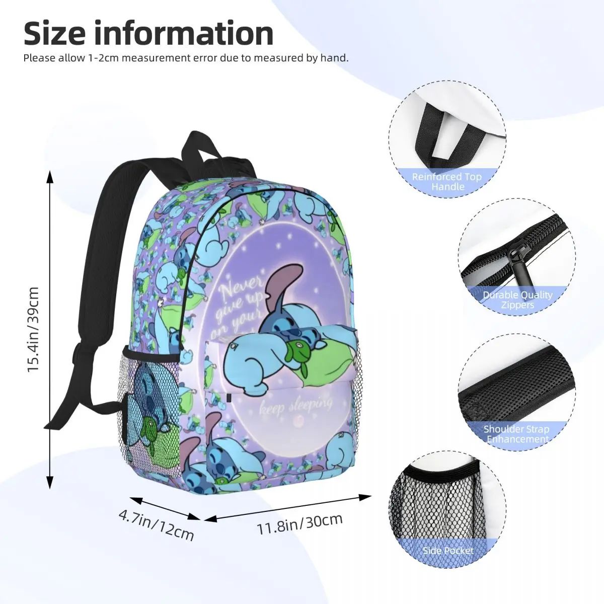 Disney Stitch 15-Inch Waterproof Backpack - Lightweight Travel Bag with Multiple Pockets for Organization
