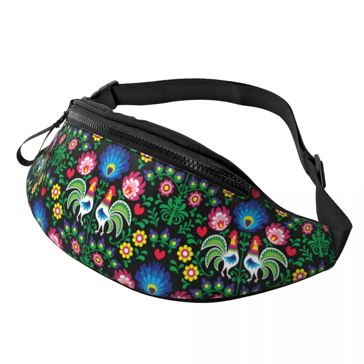 Colourful Flowers Floral Polish Roosters Pattern Fanny Pack Women Men Mexican Crossbody Waist Bag for Travel Phone Money Pouch