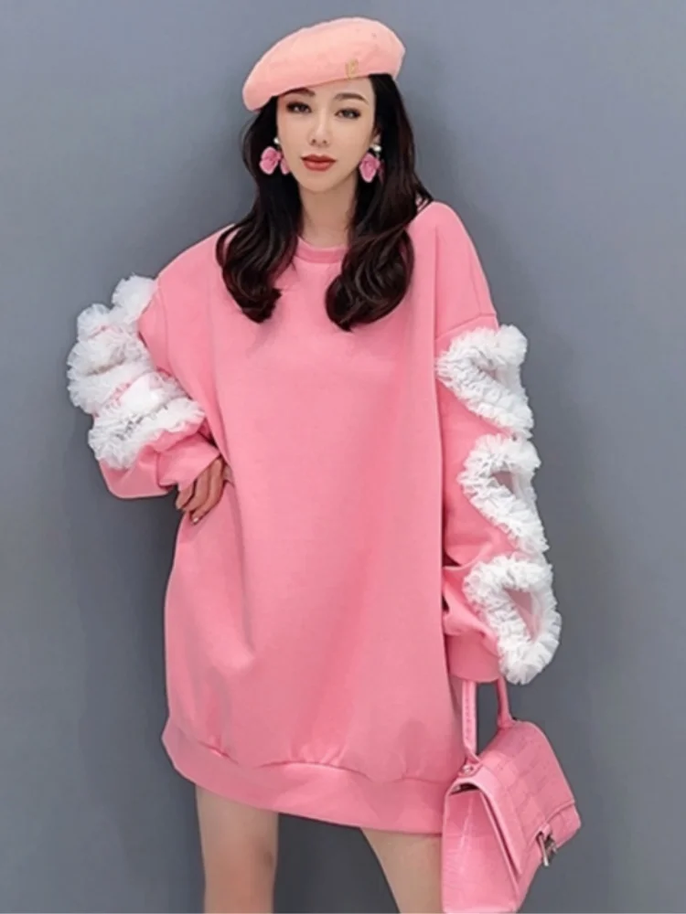 

Новинка Осень-зима 2024, розовая Женская толстовка Vefadisa ZXY781A с круглым вырезом и длинными рукавами, модная повседневная толстовка с сетчатыми краями в стиле пэчворк