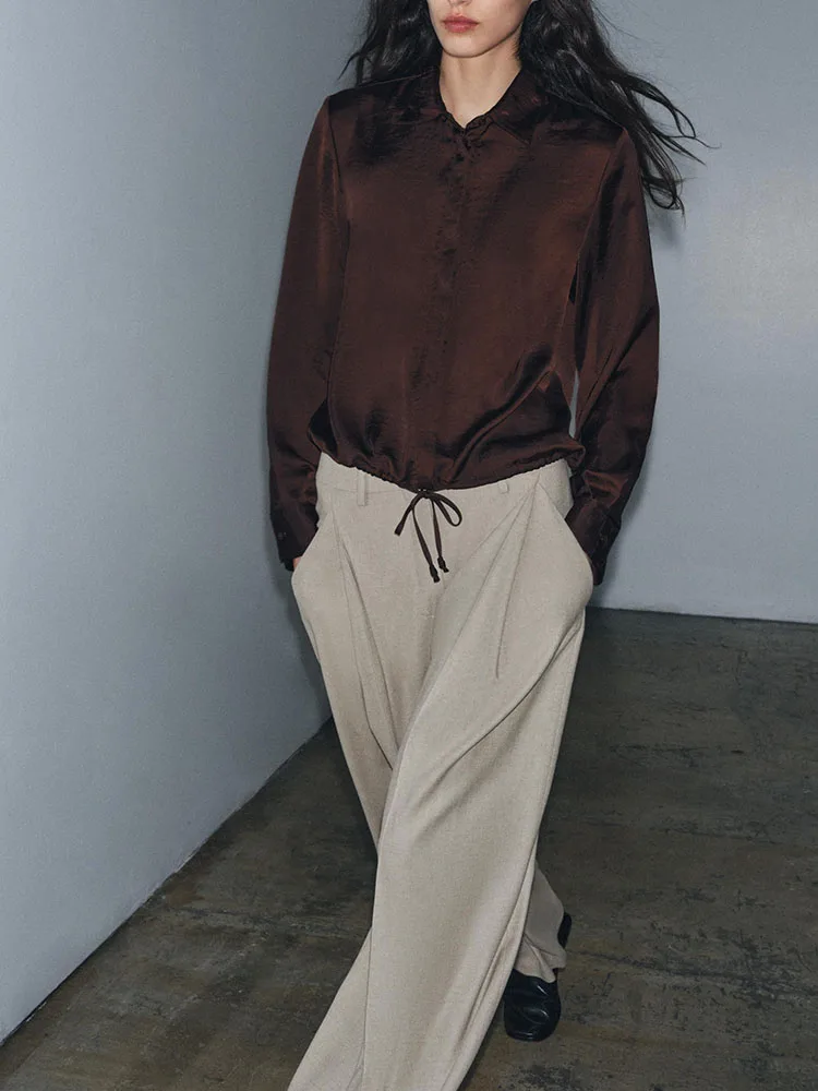 Faionable Sweet Versatile Long Sve Silk Satin Feel irt New Arrival Winter 2025 Ladies Casual Sle Button Plaet