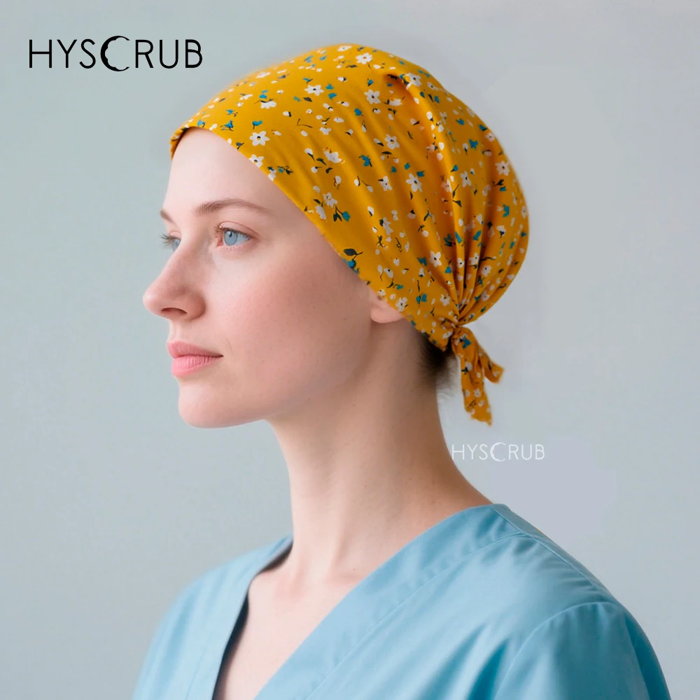 Yellow Floral Print Surgical Caps Working Caps for Doctors And Nurses Scrub Hats Comfortable Medical Cap