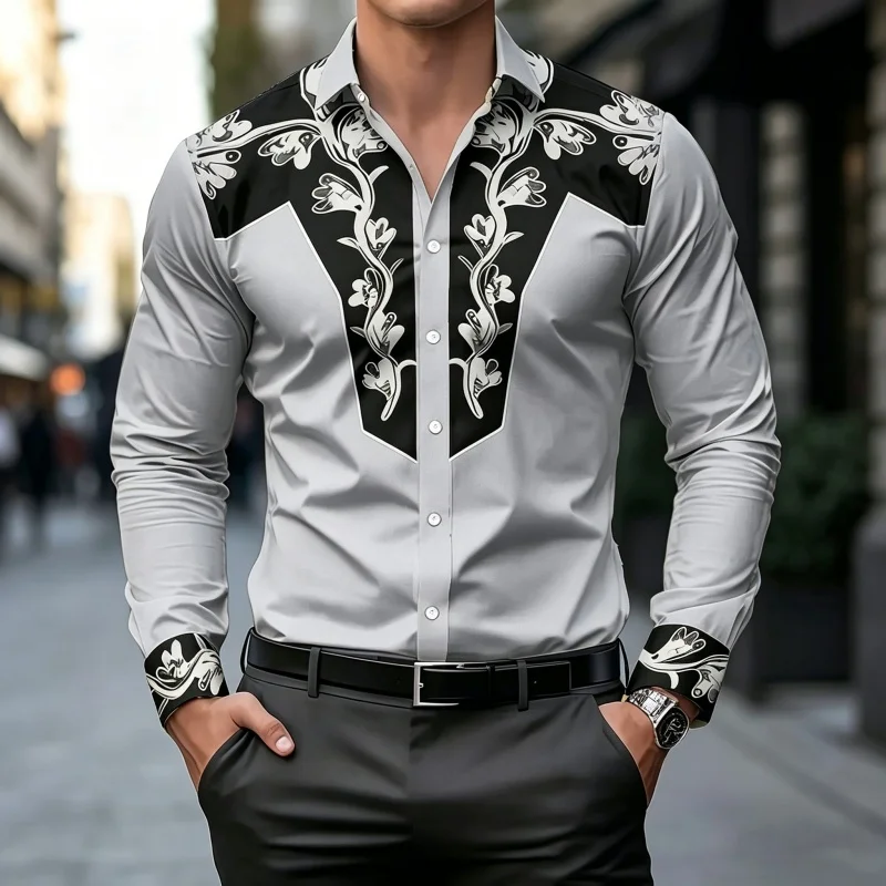 

2026 new men's shirt light luxury style printed shirt personality trend casual long sleeved top street style trendy men's top