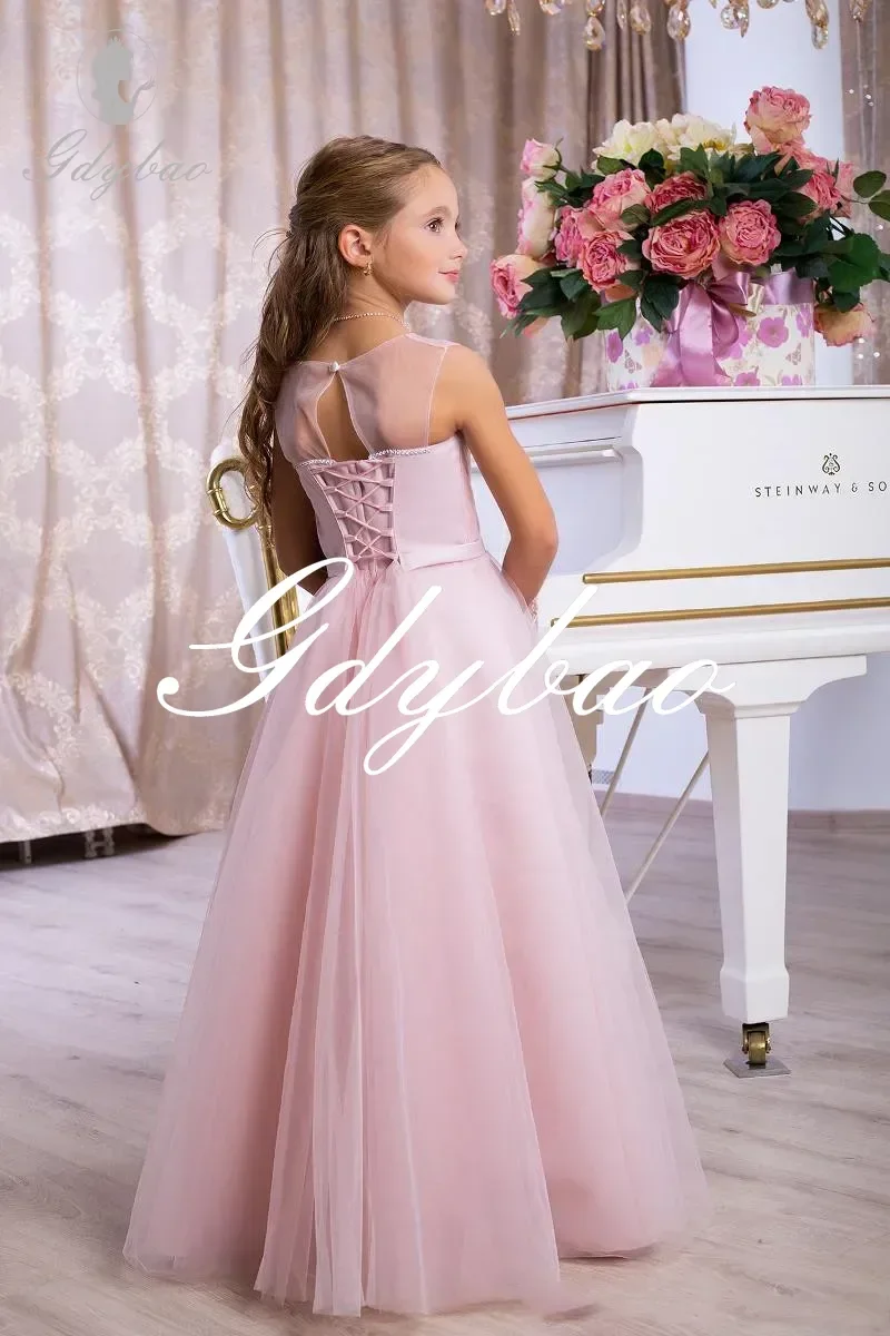 Robes à fleurs pour filles, en Tulle, bouffantes, dos nu, longueur aux genoux, robe de bal de princesse pour fête de mariage