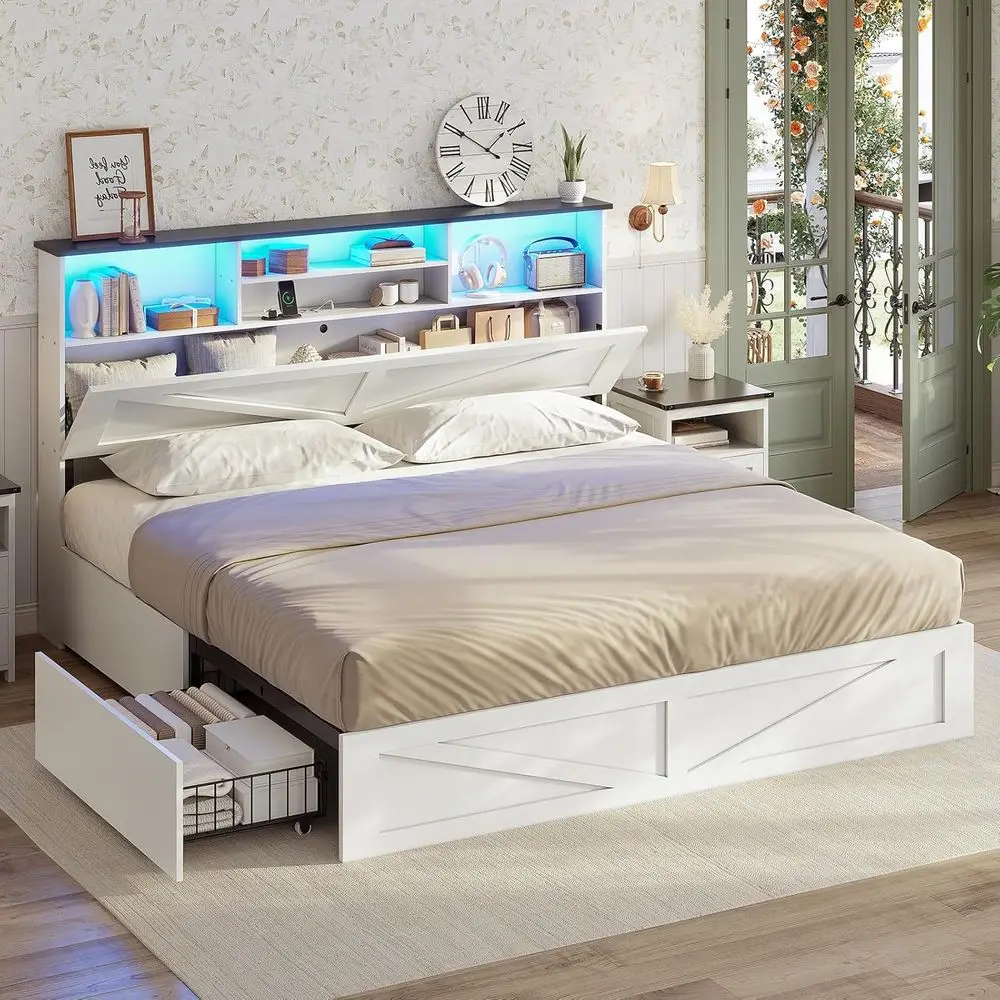 

Кровать размера «king-size» с 4 ящиками для хранения, светодиодной подсветкой и скрытой полкой для книжного шкафа белого деревянного дизайна