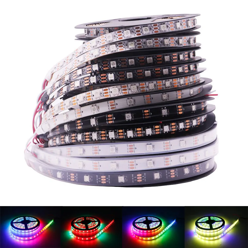 WS2812B LED strip WS2812 Individually Addressable RGB  Pixels Led Light Black White PCB 30/60leds/m 1-5PCS IP30/65/67 DC5V