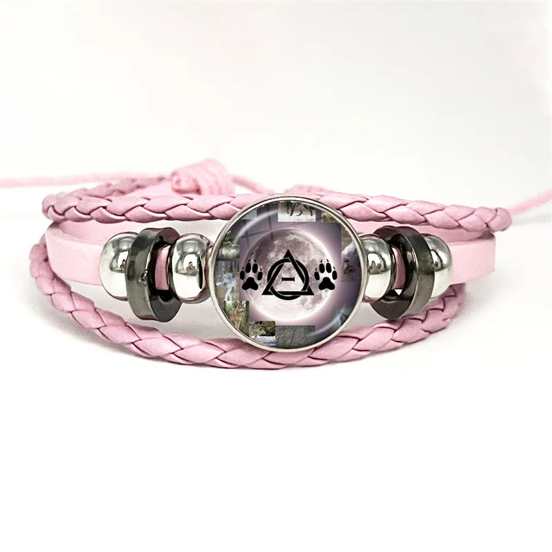 Therian Symbol Cat Wolf Fox Therian Pink Leather Bracelet Glass Cabochon Button Multilayer Bangles Wristband Gift