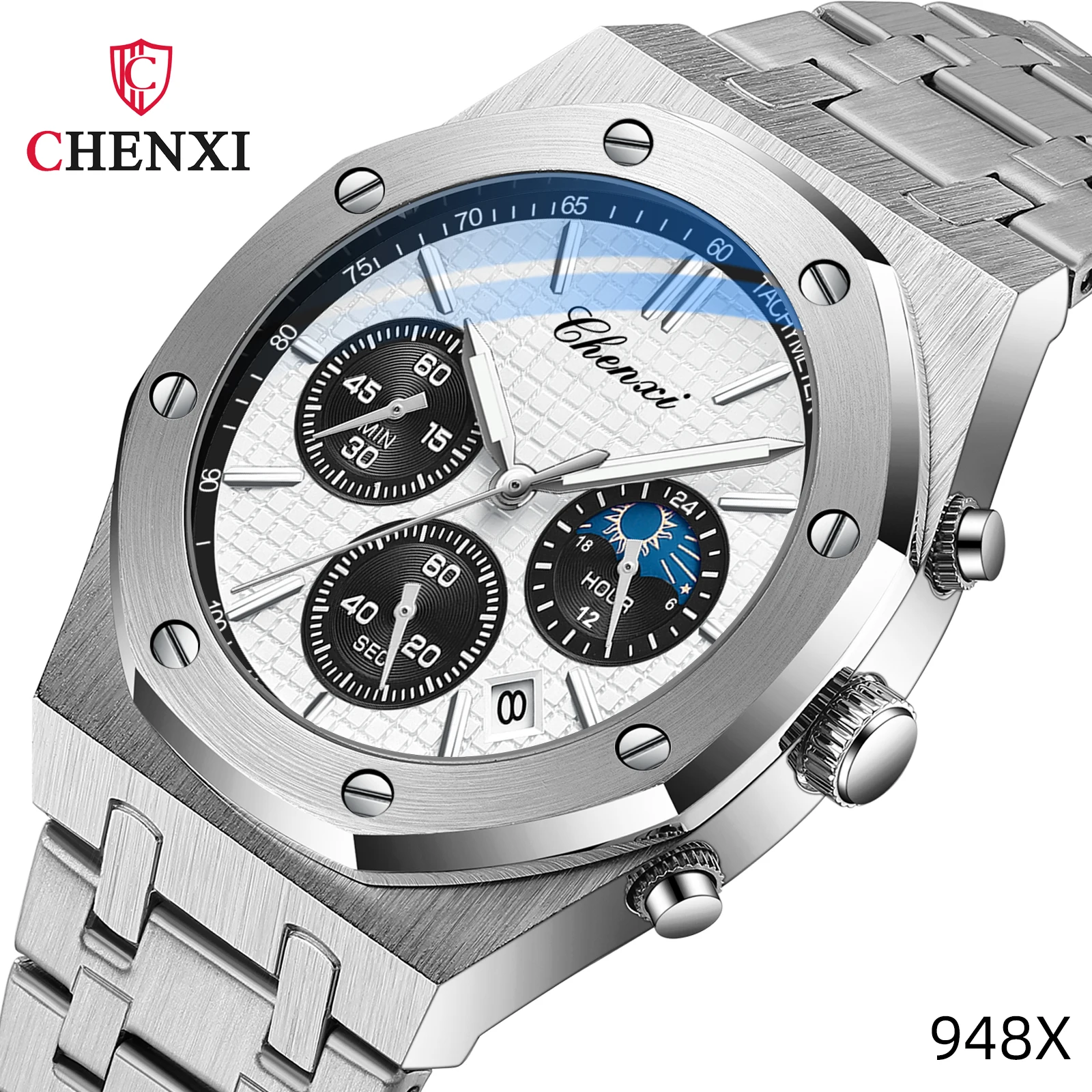 

Luxury Business Casual Men's Watch Multifunction Chronograph Moon Phase Water-Resistant Luminous Quartz Men's Wristwatch Gift