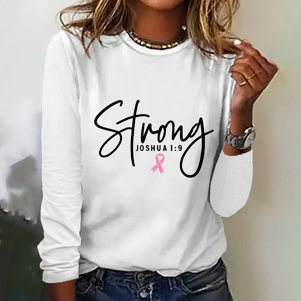 

Fall Cotton Women's T-shirts Pink Ribbon Letter Pattern Long Sleeves T shirt Casual Loose O-neck Women Clothing Tops Streetwear