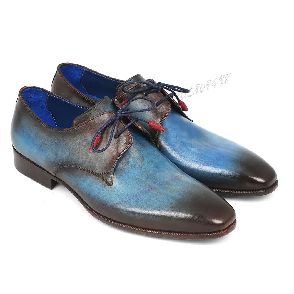 Blue Vintage Handmade Men's Shoes Lace Up Chunky Heels Dress Shoes for Men Business Runway Derby Shoes Zapatos Para Hombres