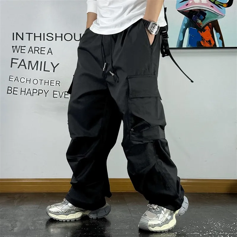 

Loose Drawstring Straight Leg Micro Flared Casual Pants Men's Rivet Pleated Youth Multi Pocket Workwear Trousers Autumn New