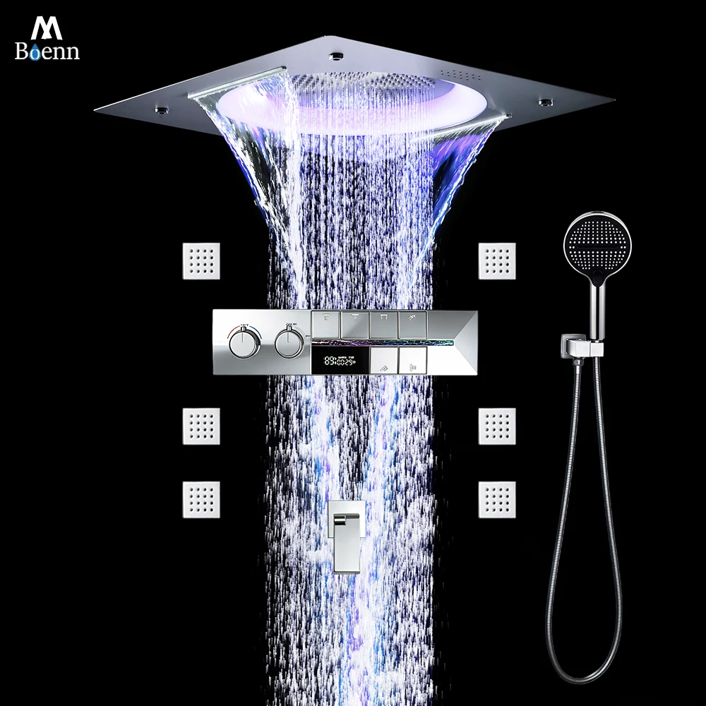 

M Boenn Smart Music Shower Set System Bathroom Faucets LED lighting Shower Head Rainfall Digital Display Thermostat Mixer Chrome