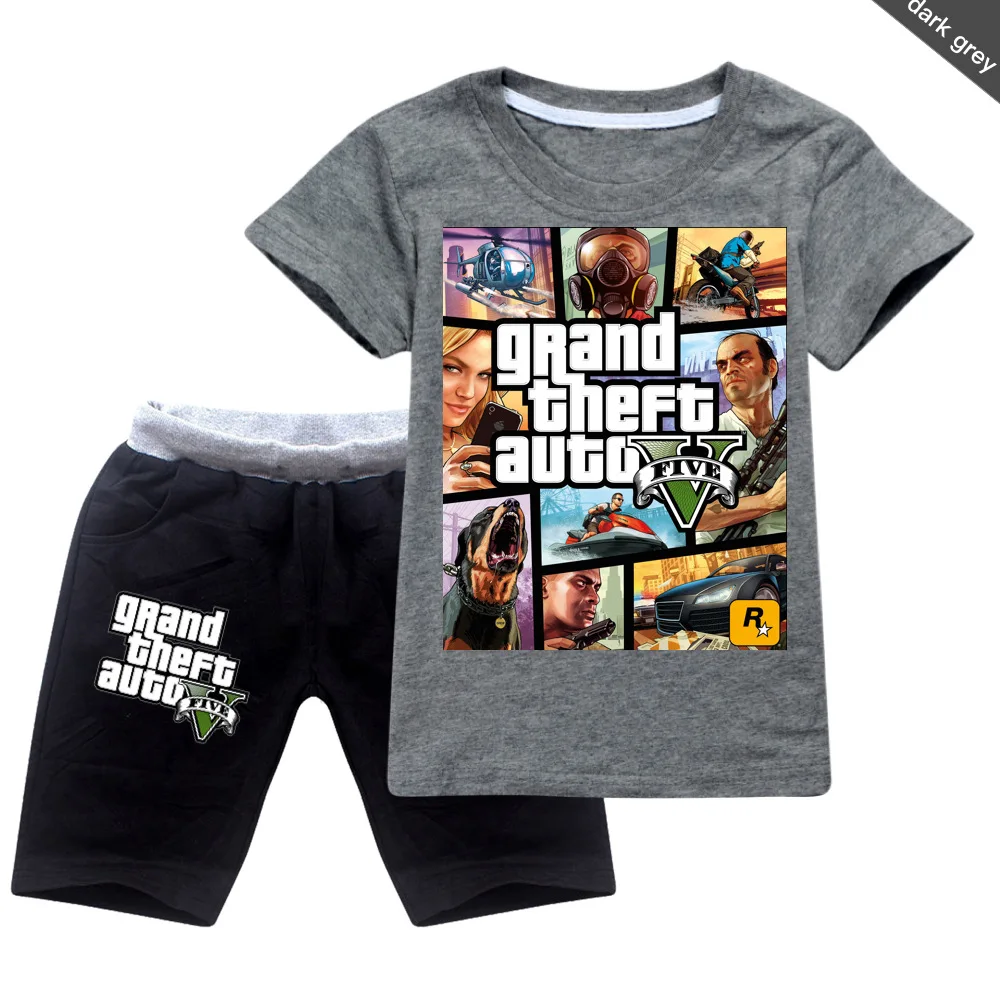 Boys Clothes Grand Theft Auto Game GTA 5 T Shirt+Shorts Set Kids Cartoon Girls Outfit Sport Suit Summer Children Clothing Sets