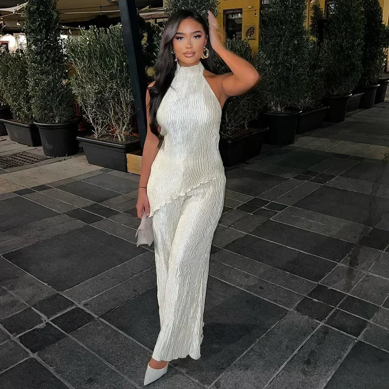 Chic Hanging Neck Backless Women's Pants Set Sexy Scarf Collar Off Shoulder Diagonal Top Suit 2025 Autumn Lady Elegant Outfit