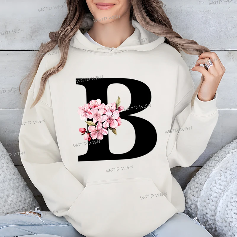 Women Sakura Alphabet A-Z Hoodies Fashion Floral Letter Print Graphic Sweatshirts Loose Casual Harajuku Hooded Creative Pullover