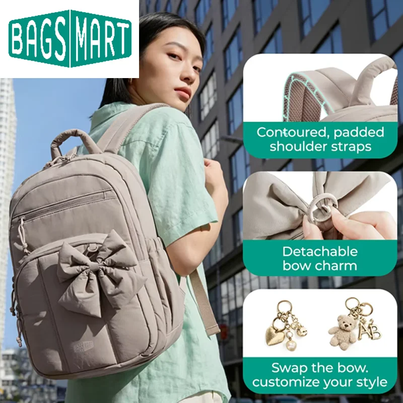 BAGSMART Cute Bow Women Laptop Backpack 15.6 Inch College Daypack Multi-Pocket Casual Rucksack with Padded Laptop Sleeve