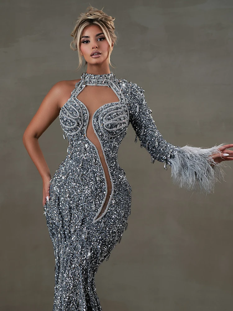 

Glamorous Silver Sequin One - Shoulder Mermaid Long Dress with Feather Detail Bodycon Wedding Party Luxury Celebrations Gown