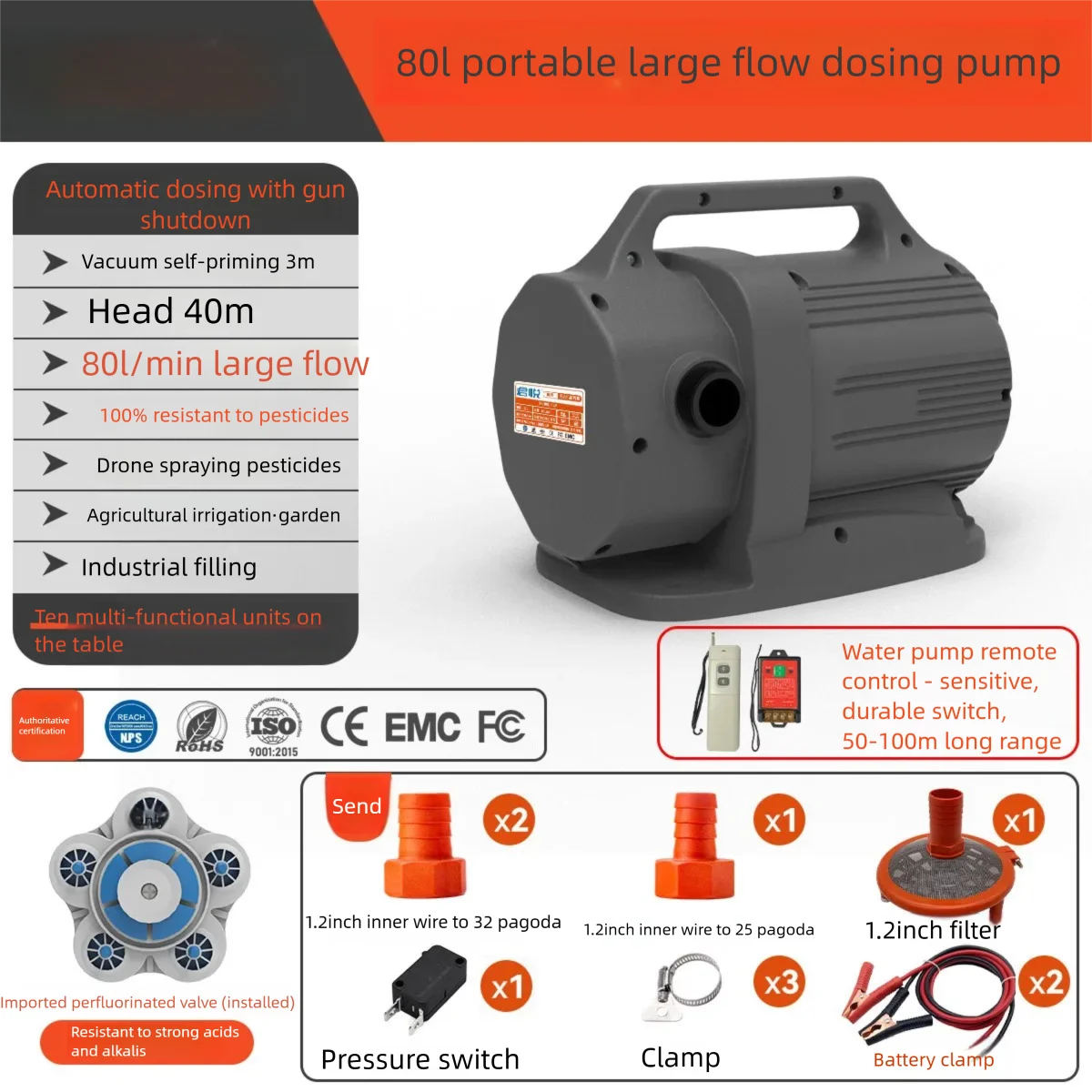 Handheld 80L Self-Priming Pump High-Flow Drone Fertilizer Pump Agricultural Irrigation Water Pump Vegetable Watering Pump Booste