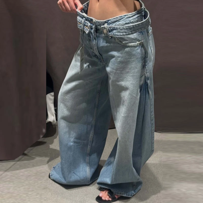 HXAO Blaue Baggy Jeans Damenhose Sommer 2026 Damenmode Mittlere Taille Weites Bein Gürtel Denim Hose Lässige Y2K Streetwear Hose – Detail 6