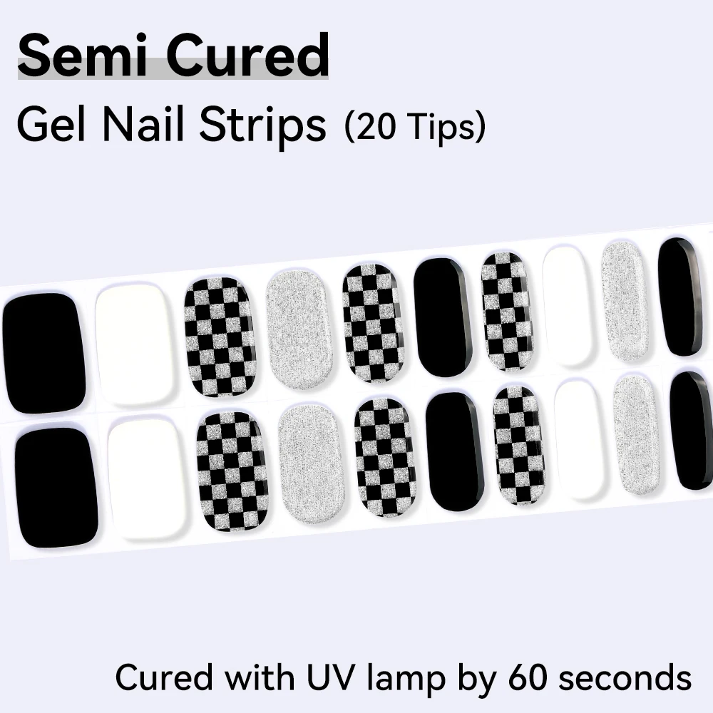 20Tips Semi Cured Gel Nail Strips Glitter Black White Plaid DIY Gel Nail Stickers Full Cover UV Nail Sticker Dcoration Ongle