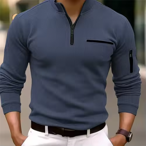 New light luxury light mature casual men sports retro  style striped zipper  arm  fashion men  outdoor  long  sleeve POLO shirt - Image 3