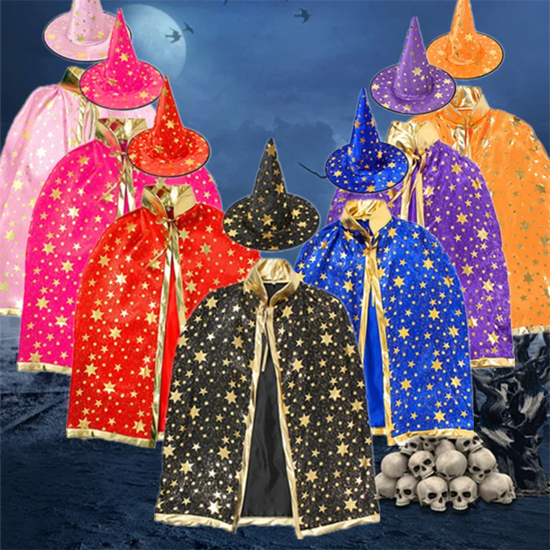 Children Cloak With Witch Hat Boys Girls Cosplay Costume Teens Black Purple Red Carnival Photography Props Kids Christmas Cape