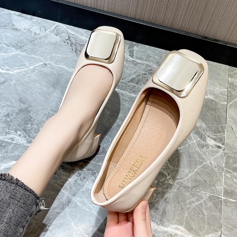 2024 Summer New Elegant Medium Heel Women's Shoes Square Toe Buckle Slip-On High Heels Women Shoes Soft Leather Pumps