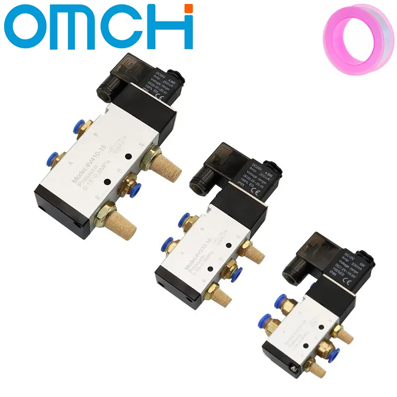 4V110-06 4V210-08 4V310-10 4V410-15 Pneumatic Electric Solenoid Valve 5 Way 2 Position Control Air Gas Magnetic DC12V 24V AC220V