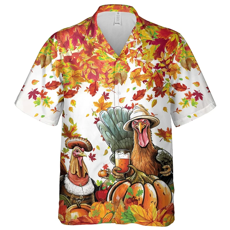 Happy Thanksgiving 3D Print Shirts For Men Casual Food Turkey Graphic Beach Shirt Funny Animal Chicken Short Sleeve Blouses Tops