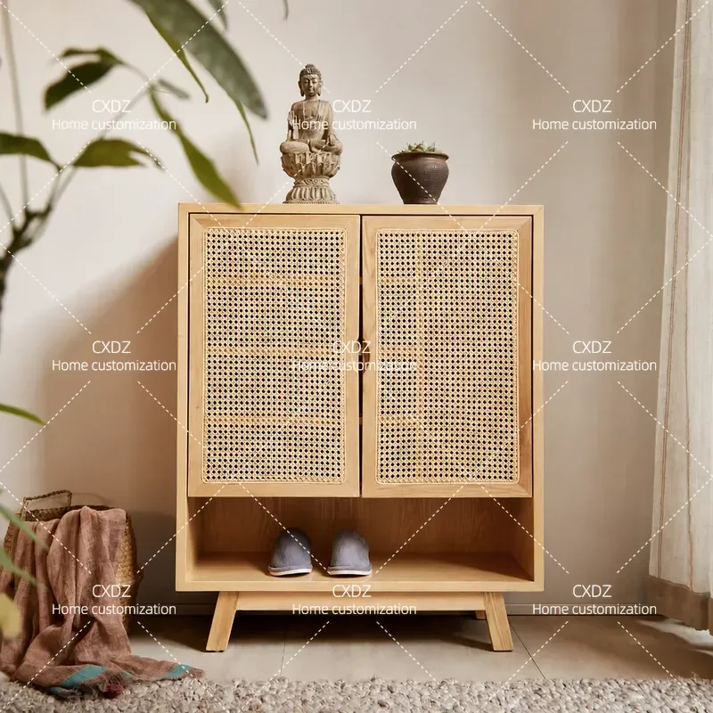 Solid Wood Rattan Shoe Cabinet Modern Simple Multi Layer Storage Locker Large Capacity Household Entryway Organizer Nordic