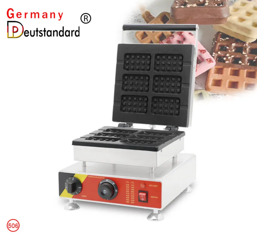 プロの正方形のワッフル製造機,6ユニット,長方形,ベルギーのステンレス鋼,焦げ付き防止テフロンワッフル,スナック装置