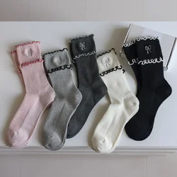 2 Pair Fashion Ruffle Socks Women Cute Sweet Embroidery Bow Home Socks Female Long Autumn Winter Street Style Daily Gift Socks