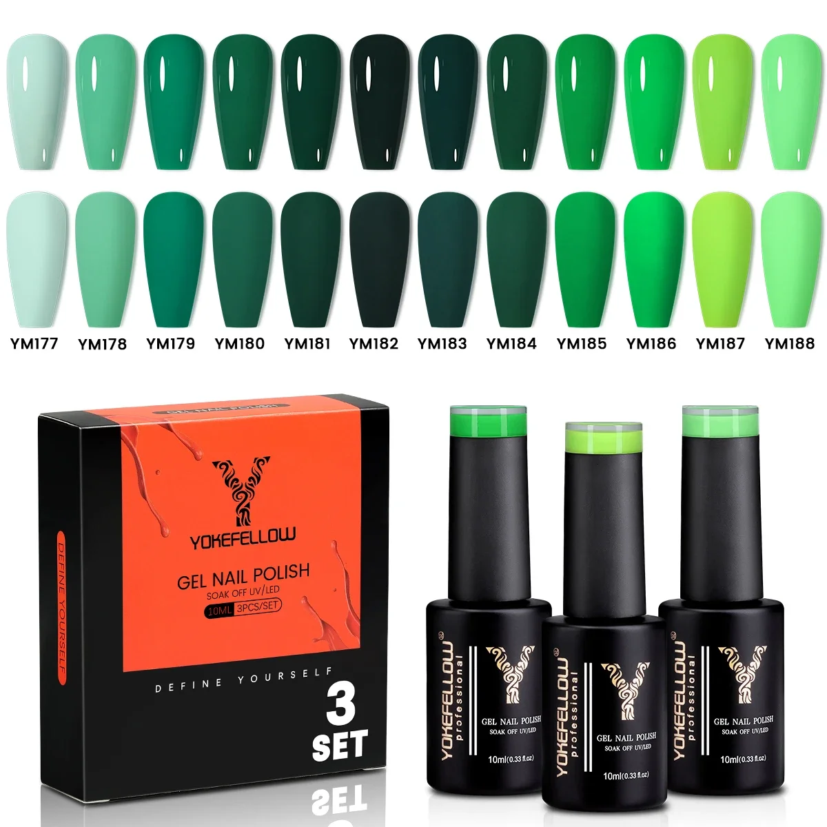 

YOKEFELLOW Green Gel Nail Polish 10ml 3Set Semi-permanent Soak Off UV Light Cure Gel Polish for Nail Art DIY Manicure at Home