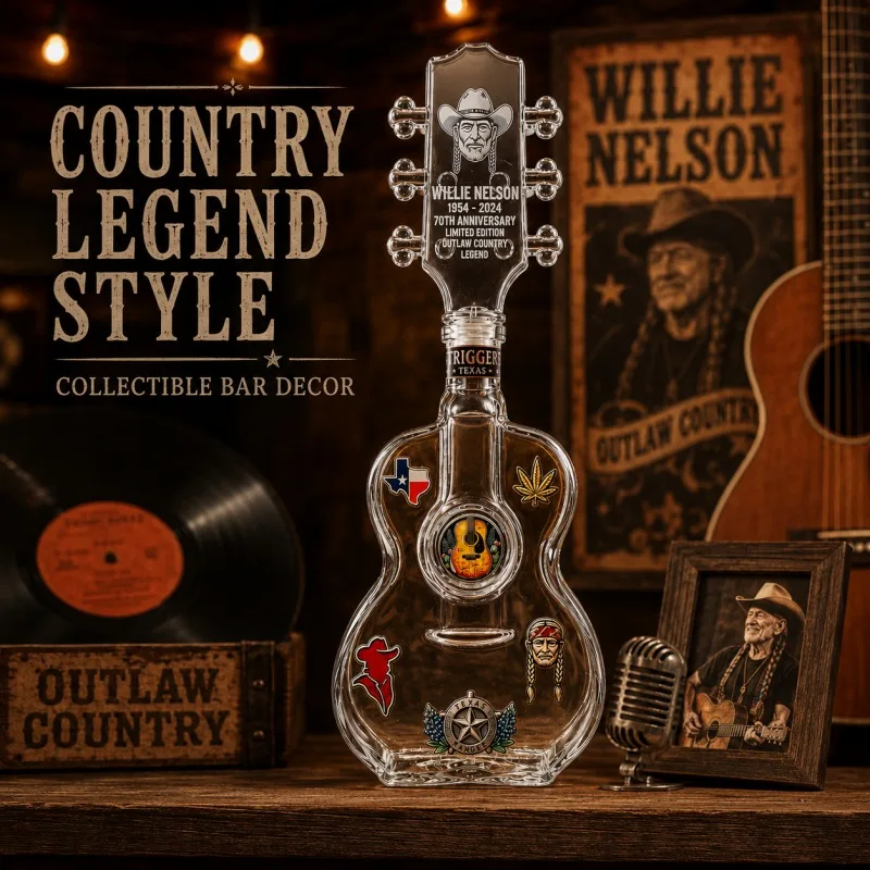 Willie Nelson Guitar Shaped Glass Decanter Sticker Craft Whiskey Bottle Outlaw Country Style Home Bar Decor Music Fan Gift