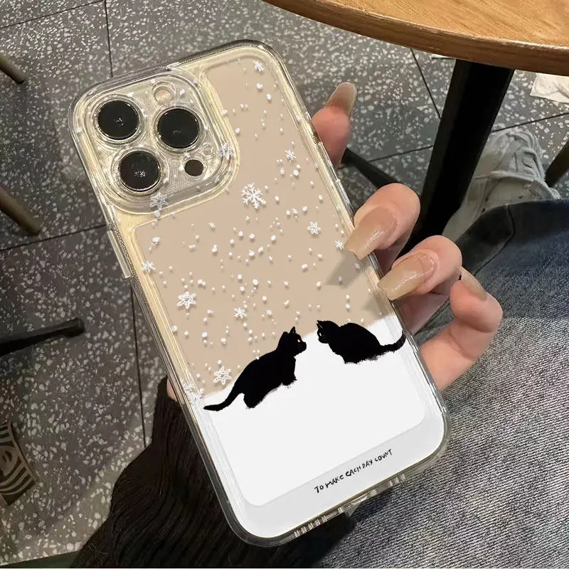 Coque de téléphone FashionTwo avec deux chats noirs jouant dans la neige pour iPhone 17 16 E 15 14 13 12 11 XR PRO XS MAX 7 8 PLUS, anti-chute, anti-poussière