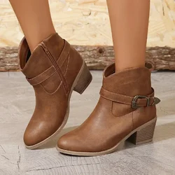 Plus Size Women Boots Autumn Women Solid Color Ankle  Fashion High Heel Cowboy Western Boots Spring Women Pointed Toe Boots