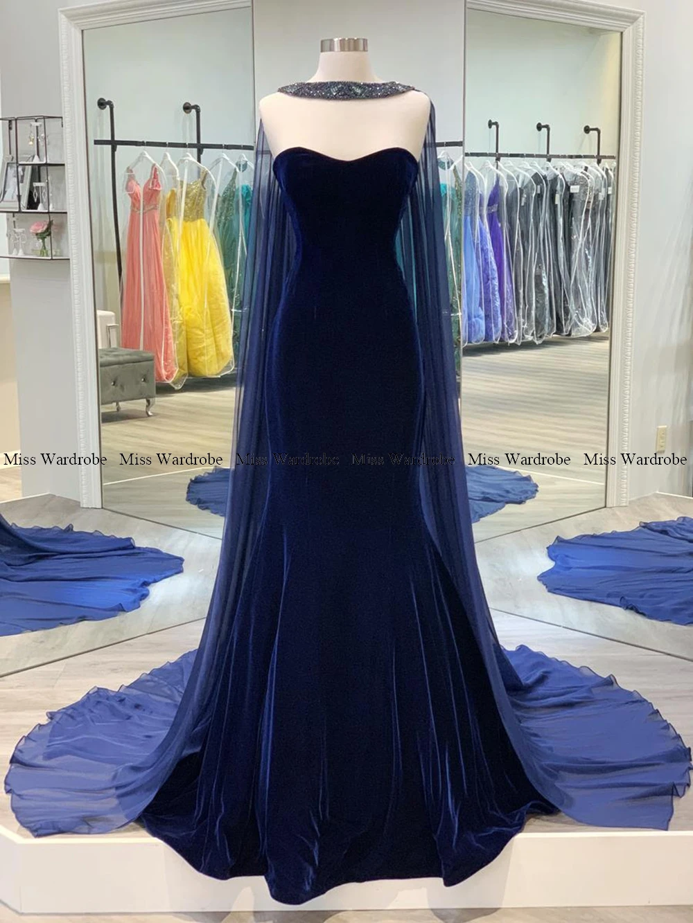 Navy Blue Evening Dress Velvet Sweetheart Mermaid Prom Party Gown Luxury Beaded With Cloak Formal Banquet Celebrity Dress 2024