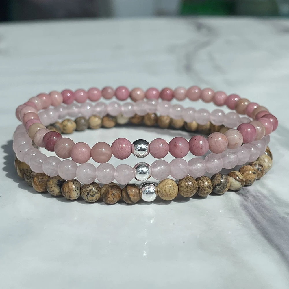 

MG2018 4 MM Rhodonite Picture Jasper Rose Quartz Bracelet Set Womens Mini Gemstone Wrist Mala Jewelry