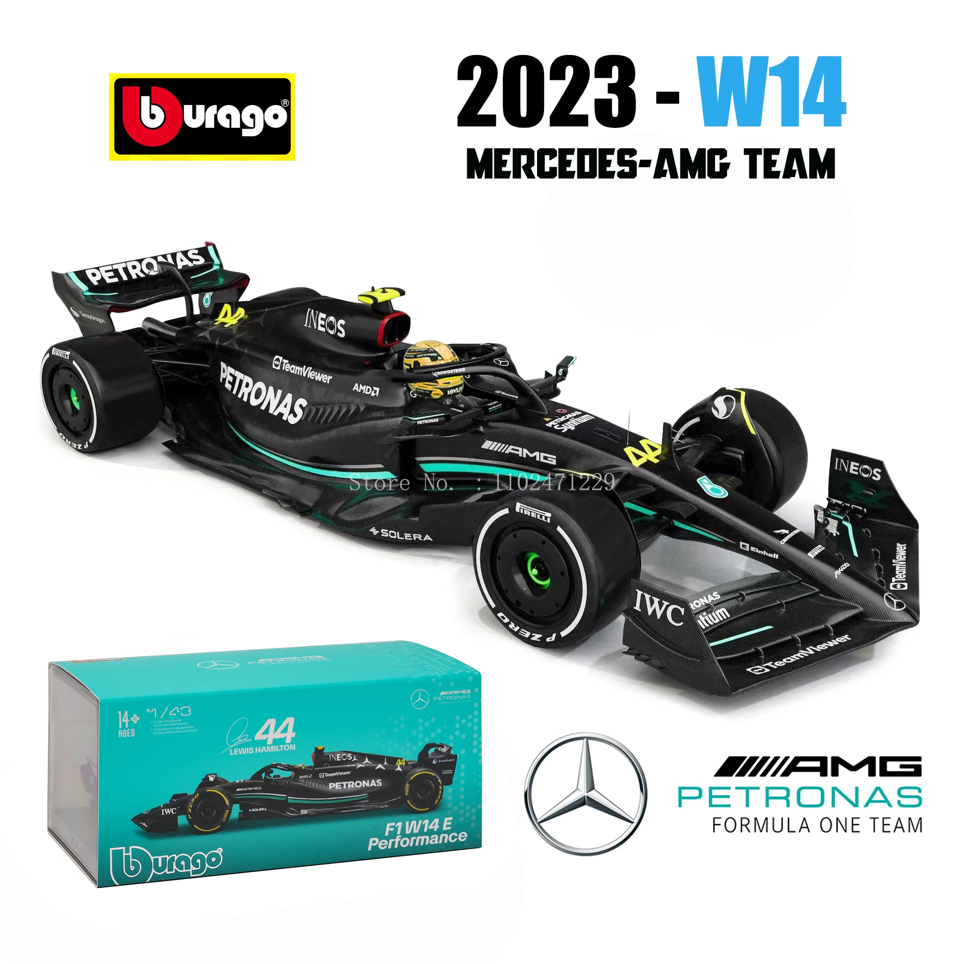 Bburago 1:43 Mercedes-AMG Team 2023 C43 W14 44# Hamilton 63# Russell alloy car model toy series collection gift