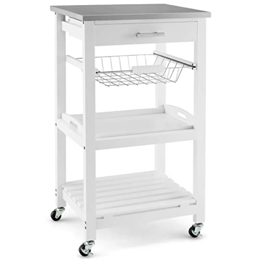 

Wooden White Small Kitchen Trolley Cart with Wheels 4 Tier Rolling Cart with Drawer Utility Coffee Cart Kitchen Island Cart w/S