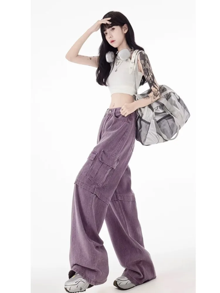 Vintage Purple Cargo Pants New Style Multi Pocket High Waist Casual Loose Drag Thin Wide Leg Pants Women\'s Jeans